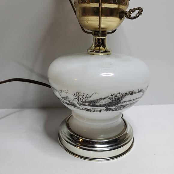 MILK GLASS LAMP by Currier and Ives, electrified and oil burning too, Farmhouse - Picture 12 of 15
